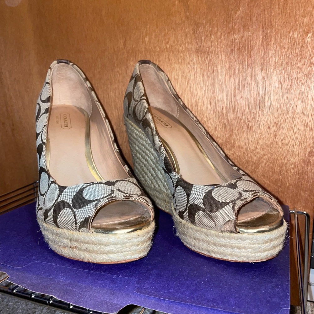 Coach Women's Peep Toe Wedge Shoes - Brown and Gold